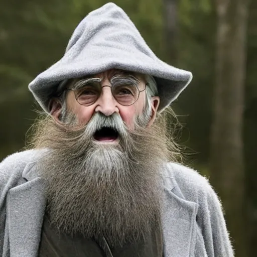 Image similar to emma watson as an old druid wizard, bushy grey eyebrows, long grey beard, disheveled, wise old man, wearing a grey wizard hat, wearing a purple detailed coat, a bushy grey beard, sorcerer, he is a mad old man, laughing and yelling