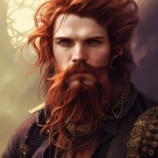 Prompt: portrait of a young rugged steampunk pirate, male, handsome, masculine, full body, red hair, long hair, soft hair, fantasy, intricate, elegant, highly detailed, steampunk, airship, digital painting, artstation, concept art, character art, smooth, sharp focus, illustration, art by artgerm and greg rutkowski and alphonse mucha