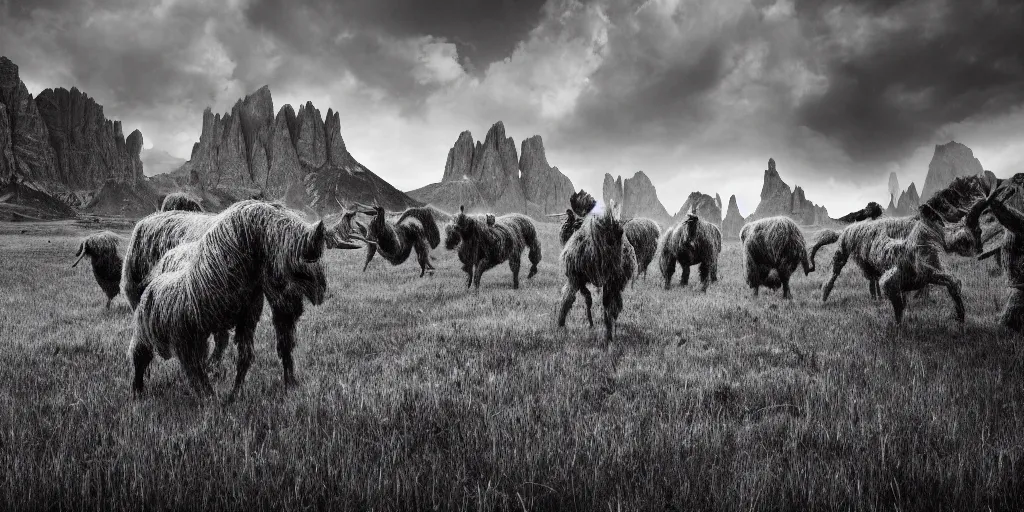 Prompt: photography of hay monsters, dancing, forest, dolomites, alpine, detailed intricate insanely detailed octane render, 8k artistic 1920s photography, photorealistic, black and white, chiaroscuro, hd, by David Cronenberg, Raphael, Caravaggio