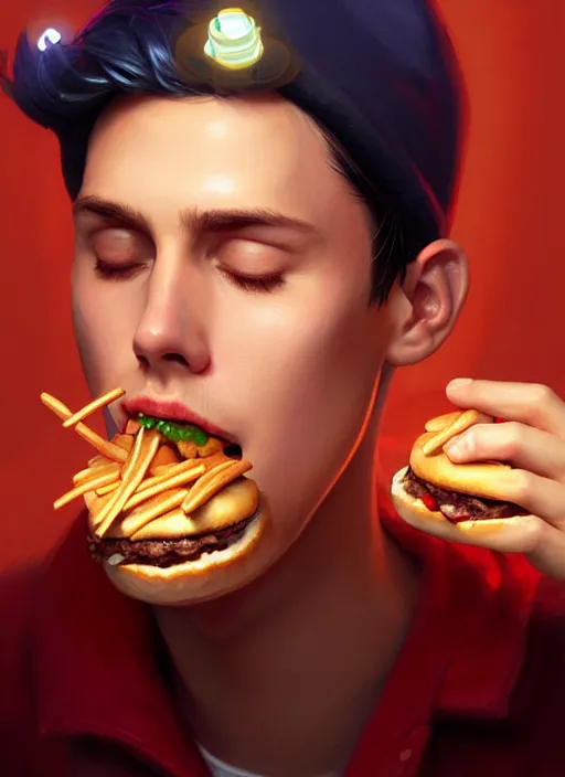 Image similar to portrait of jughead jones, eating a hamburger, wearing a crown, eyes closed, intricate, elegant, glowing lights, highly detailed, digital painting, artstation, concept art, smooth, sharp focus, illustration, art by wlop, mars ravelo and greg rutkowski