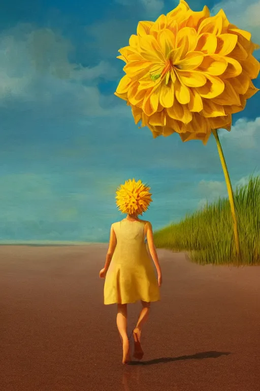 Prompt: closeup girl with huge yellow dahlia flower face, walking on beach, surreal photography, blue sky, sunrise, dramatic light, impressionist painting, digital painting, artstation, simon stalenhag