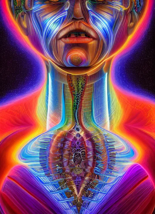 Prompt: humankind transcendence into collaborative intelligence, group intelligence, ai, by alex grey, album cover, award winning, beautiful, colorful, volumetric lighting, trending on artstation