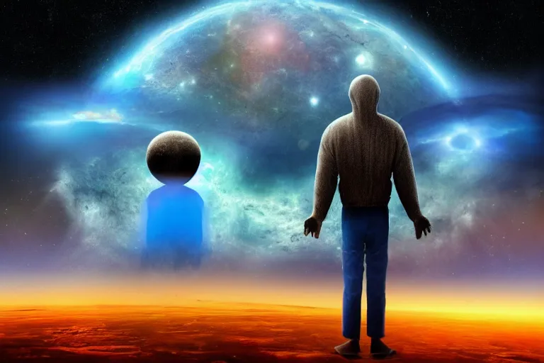 Prompt: a blue alien, faceless, standing on the planet looking at Armageddon, the background is cosmic, high quality