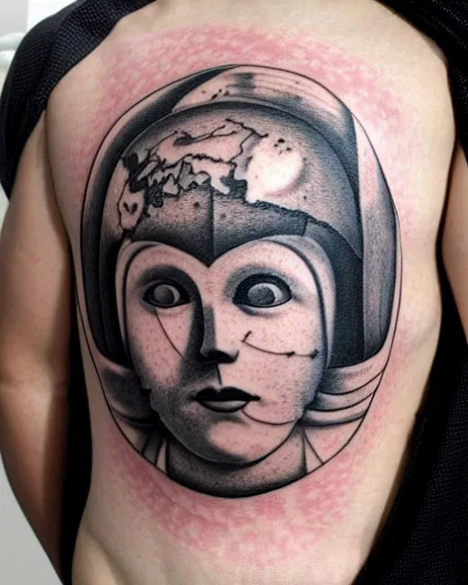 Image similar to planets on the top of a broken renaissance head statue, realism tattoo design, in the style of tony santos