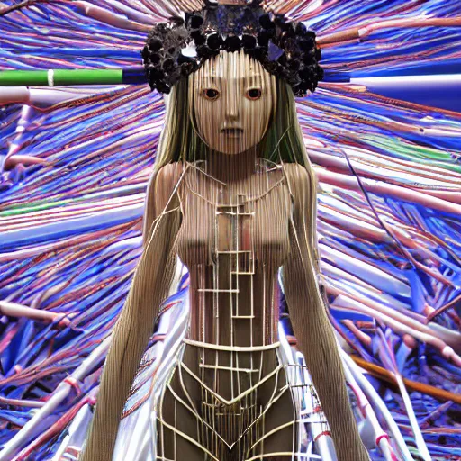 Image similar to piles of modular synth cables mixed with mangrove roots, kawaii puerto rican goddess staring through your soul wearing a headpiece made of circuit boards, by makoto shinkai, masamune, and stanley kubrick, unique perspective, eastman color, trending on artstation, cinematic, 3 d render, photorealistic