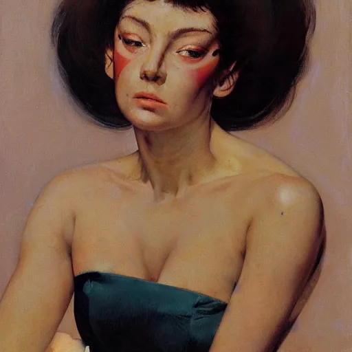 Image similar to A frontal portrait of a delicate, muscular and exhausted woman, by Robert McGinnis.