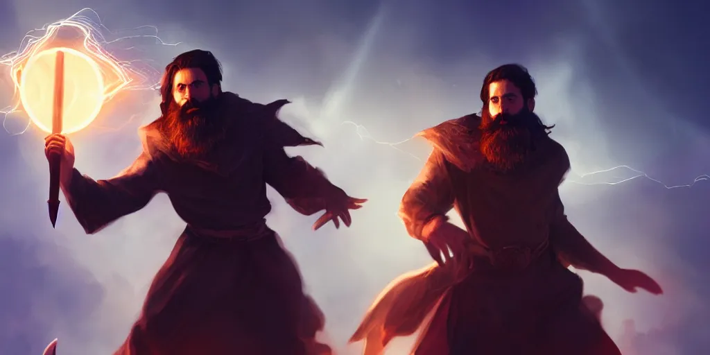 Prompt: a handsome brown hair bearded male sorcerer he is casting a blue and red spell, medium shot, waist up, light rays, epic composition, dynamic lighting, post processing, concept art, cinematic, trending on artstation