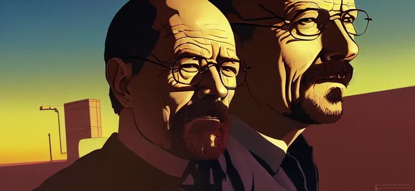 Image similar to breaking bad scene, digital painting masterpiece, by ilya kuvshinov, by frank frazetta, by mœbius, by reiq, by hayao miyazaki, intricate detail, beautiful brush strokes, advanced lighting technology, 4 k wallpaper, interesting character design, stylized yet realistic anatomy and faces, inspired by kill bill animated scene