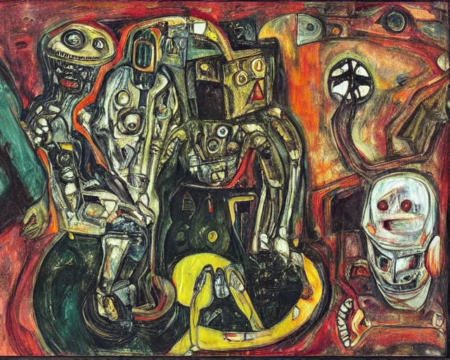 Image similar to a painting of a aliens and robots by graham sutherland, egon schiele, expressionism