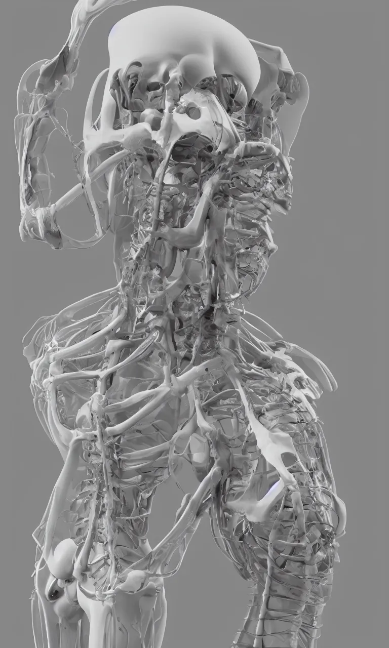 Image similar to anatomy of a human body in white porcelain environmental occlusion, H.R. Giger, photorealistic, 8k, digital art, unreal engine, unreal engine render, blender render, render, 4k, coherent