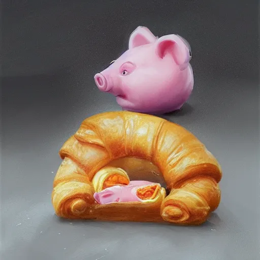 Image similar to Percy Pig eating a croissant at Pret in Gatwick Airport, Greg Rutkowski