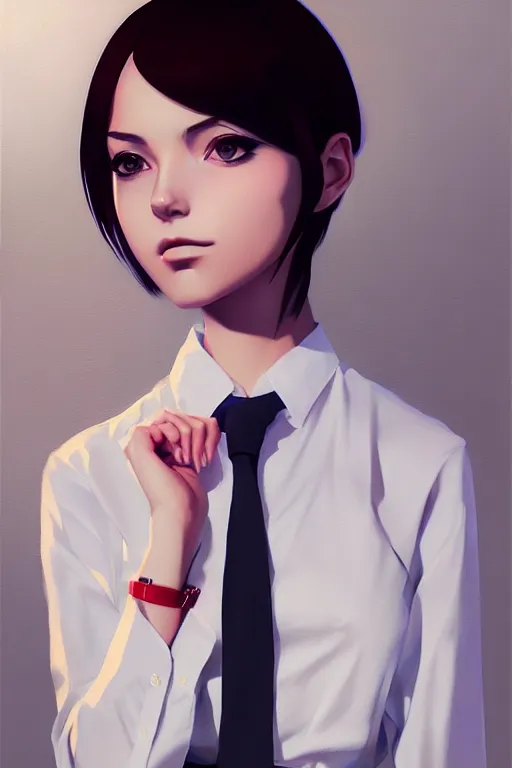 Image similar to a ultradetailed beautiful portrait panting of a stylish woman wearing a shirt with a tie, by ilya kuvshinov, greg rutkowski and makoto shinkai, trending on artstation