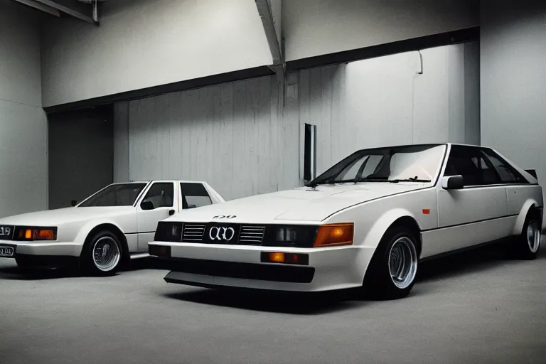 Image similar to 1984 Audi Quattro, BMW M1 Lincoln Continental, inside of a minimalist Tokyo garage, ektachrome photograph, volumetric lighting, f8 aperture, cinematic Eastman 5384 film