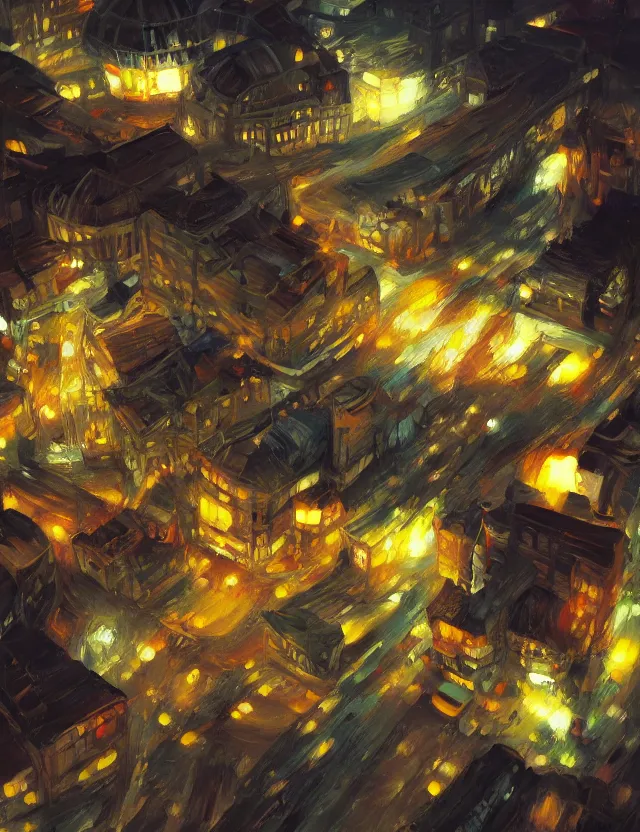 Prompt: flying town. oil painting by award - winning mangaka. backlighting, chiaroscuro, intricate details, depth of field, luminescent colors.