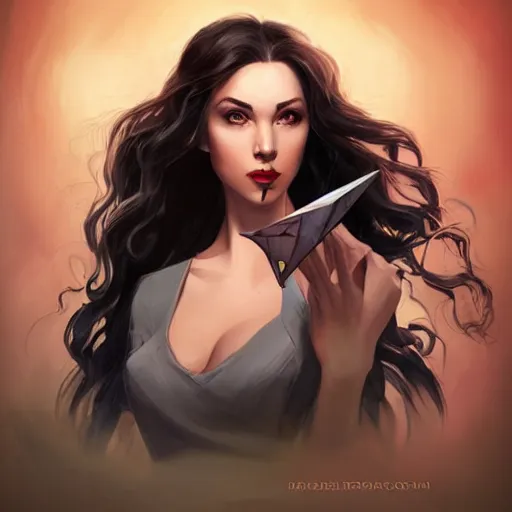 Image similar to portrait of a young woman, long dark hair and an angular face with a scar across the chin. daring and bold, con - artist and spy, beautiful, rpg, dnd, artgerm