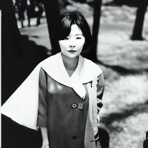 Image similar to 1960s press archive of the actress Choi Eun-Hee and director Shin Sang-ok, Reuters, 35mm film, film grain, mysterious exterior, flash and flare, underexposed