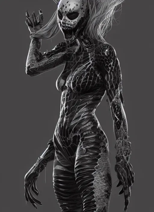 Image similar to female gray and black venom, naturel, hyper detailed, digital art, trending in artstation, cinematic lighting, studio quality, smooth render, unreal engine 5 rendered, octane rendered, art style by klimt and nixeu and ian sprigger and wlop and krenz cushart