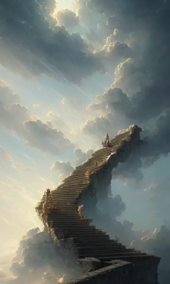 Image similar to straight staircase to heaven, sky full of clouds, art by greg rutkowski and peter mohrbacher, featured in artstation, octane render, cinematic, elegant, intricate, ultra detailed, rule of thirds, professional lighting, unreal engine, fantasy, concept art, sharp focus, illustration, 8 k