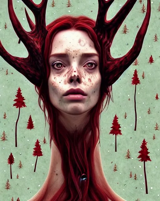 Image similar to surrounded by trees, full body realistic character concept, gorgeous Kacey Rohl, red hair, small freckles, Wendigo creature antlers deer skull face, symmetrical face, symmetrical eyes, covered in blood, dark forest, trees, shorter neck, cinematic lighting, Joshua Middleton and artgerm, fear anxiety terror