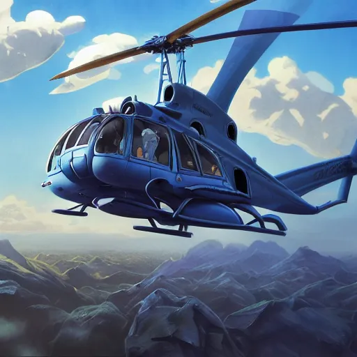 Image similar to highly detailed matte painting of smurfs piloting a helicopter, by Artgerm,Greg Rutkowski,Alphonse Mucha, 4k resolution ((cloudy background))