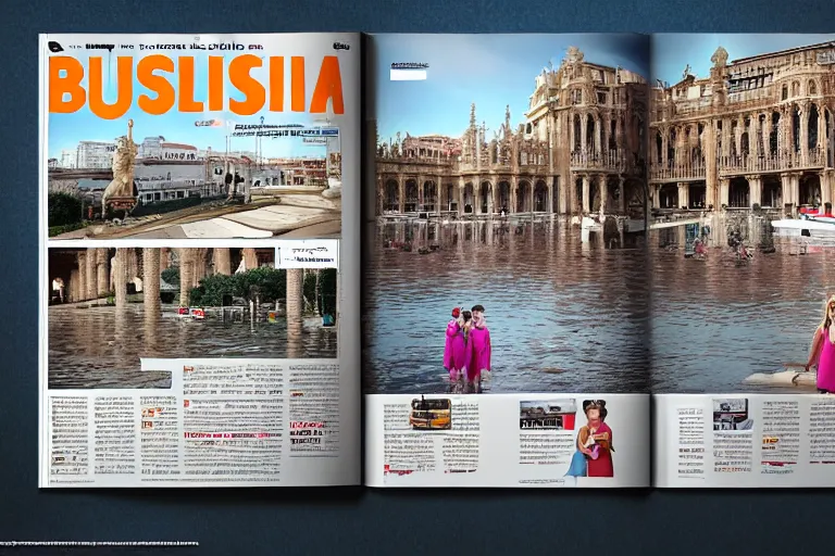 Image similar to touristic magazine ads of a family visiting a catastrophic barcelona, buildings covered with high water, floating cars, catchy graphic design, photo real