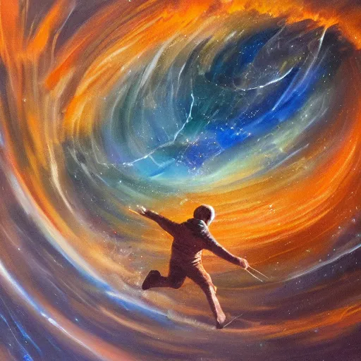 Prompt: a man zooming through the fabric of space, dramatic oil painting, detailed