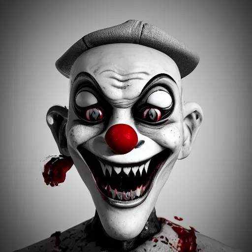 Prompt: black and white crying creepy clown smiling with sharp bloody teeth, highly detailed, sharp focus, octane render