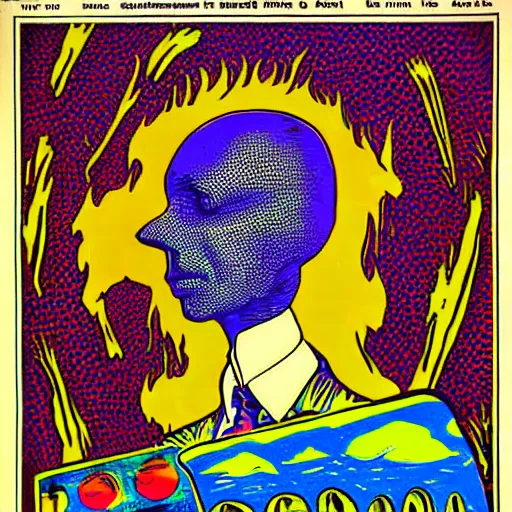 Image similar to psychedelic alien dreamscape, 1883 newspaper pop art