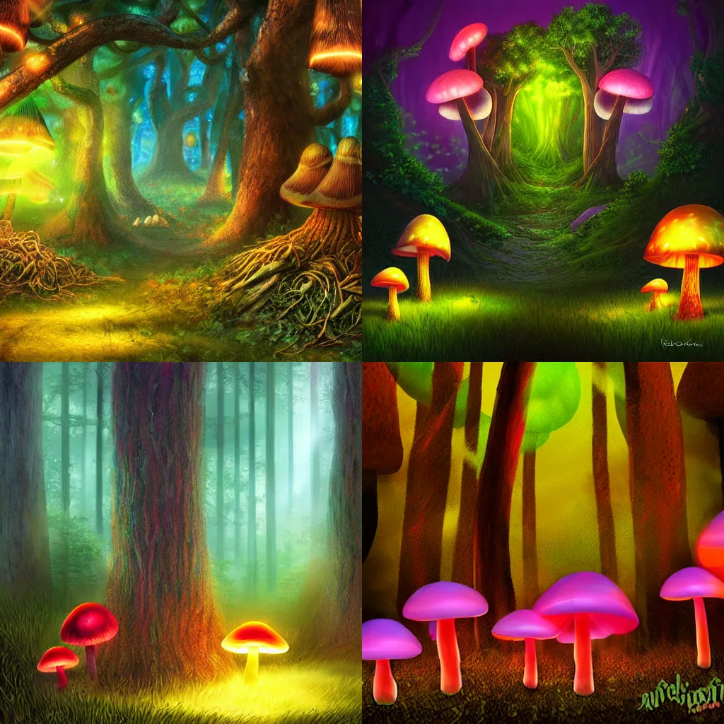 Prompt: fantasy forest, glowing mushrooms, digital art