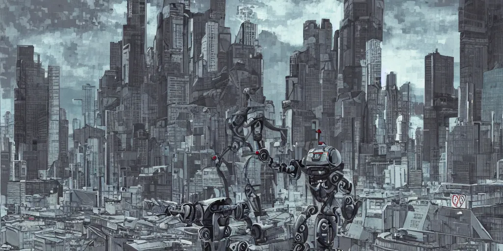 Prompt: a robot in a desolate city by aoshima, chiho