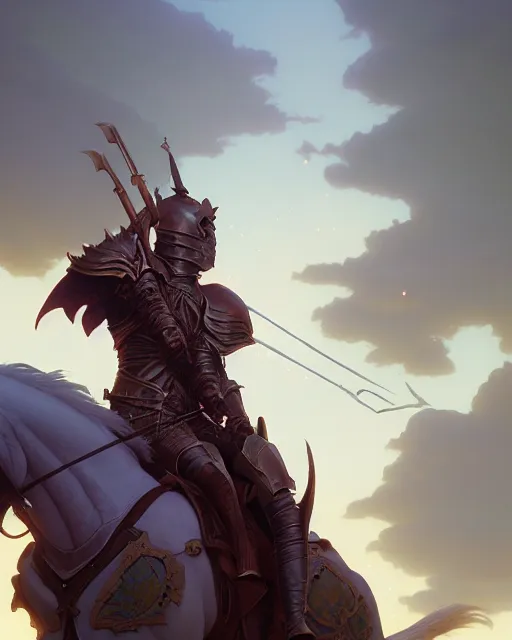 Image similar to highly detailed vfx portrait of a fantasy knight, stephen bliss, unreal engine, greg rutkowski, loish, rhads, beeple, makoto shinkai and lois van baarle, ilya kuvshinov, rossdraws, tom bagshaw, alphonse mucha, global illumination, detailed and intricate environment