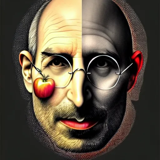 Image similar to apples arranged in the shape of a face resembling steve jobs, fantasy, intricate, elegant, highly detailed, lifelike, photorealistic, digital painting, artstation, illustration, smooth, sharp focus, art by giuseppe arcimboldo