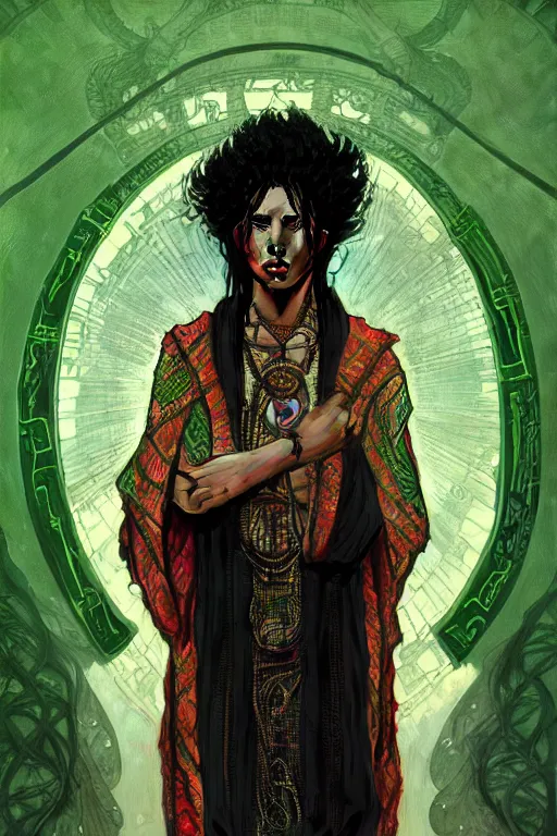 Prompt: portrait of a beautiful young slim male aztec priest of the snake god, curly black hairs, covered in blood, fluent robes, by greg rutkowski and alphonse mucha, d & d character, gradient black to green, ziggurath background, highly detailed portrait, digital painting, artstation, concept art, smooth, sharp focus ilustration, artstation hq