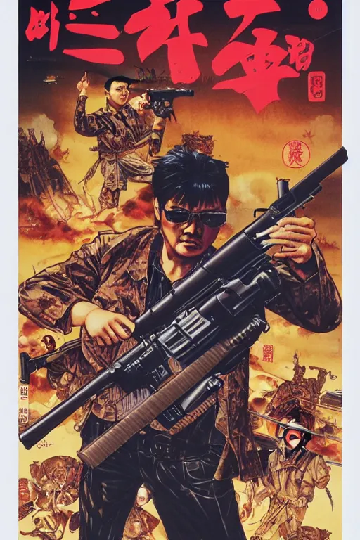 Prompt: poster of chow yun - fat wearing shades and shooting guns, by yoichi hatakenaka, masamune shirow, josan gonzales and dan mumford, ayami kojima, takato yamamoto, barclay shaw, karol bak, yukito kishiro