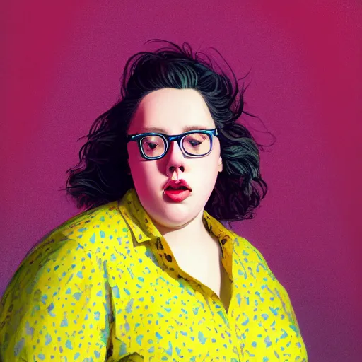 Image similar to colorful and festive cute young plus size todd solondz with tan skin, clear sharp todd solondz face, wearing yellow floral blouse. full body, rich vivid pastel colors, ambient lighting, dynamic lighting, 4 k, atmospheric lighting, painted, intricate, highly detailed by francis bacon and charlie bowater