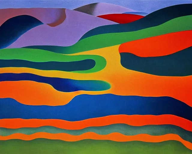 Image similar to An insane, modernist landscape painting. Wild energy patterns rippling in all directions. Curves, organic, zig-zags. Saturated color. Mountains. Clouds. Rushing water. Georgia O'Keeffe. Zao Wou-ki. Dali.