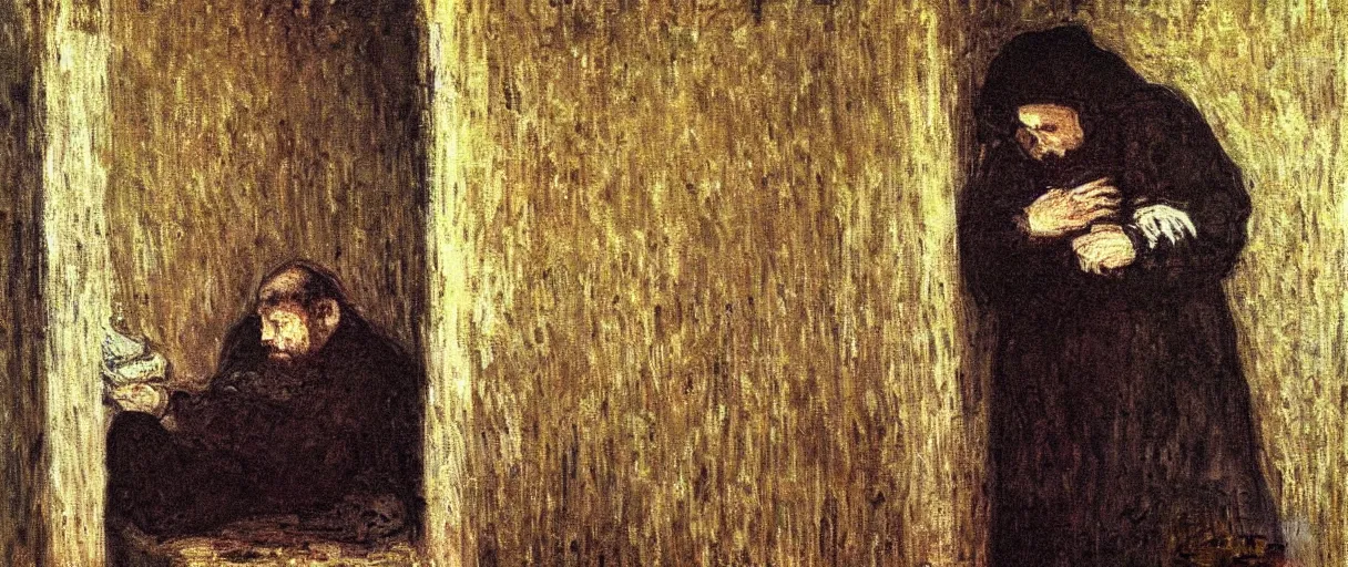 Image similar to a medieval monk very drunk and depressed in his cell; a painting by Claude Monet