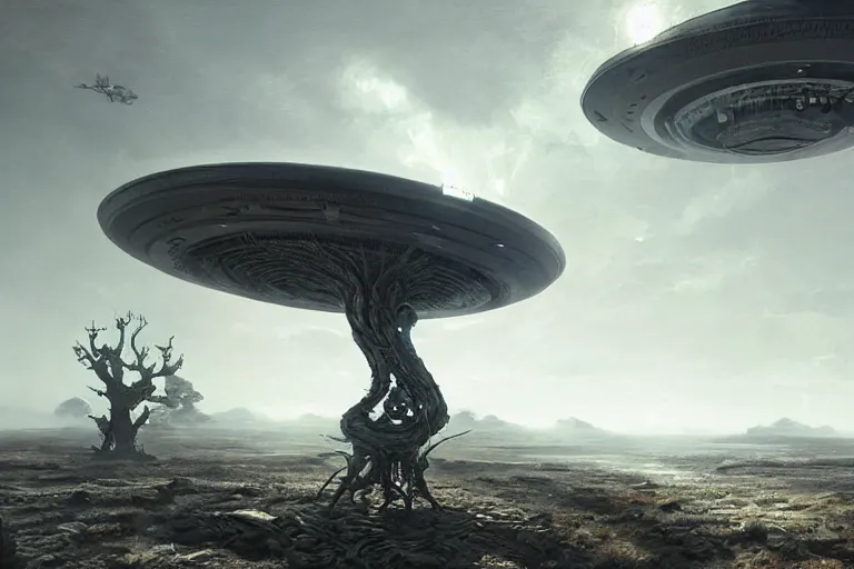 Image similar to ufo, concept art, intricate details, eerie, highly detailed, photorealistic, octane render, 8 k, unreal engine. art by greg rutkowski and james gurney and h r giger