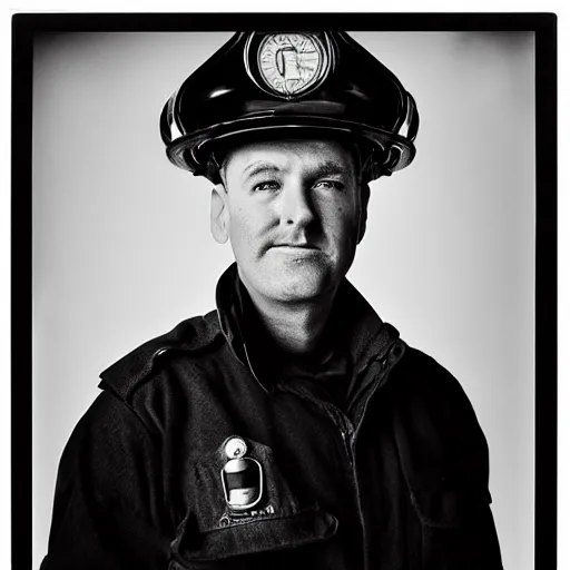 Image similar to portrait photo, portrait of fireman sam by richard avedon, realistic, Leica, medium format, cinematic lighting, wet plate photography, parallax, high resolution,