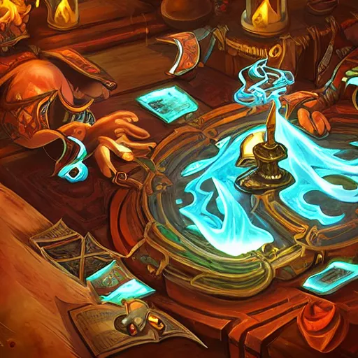 Image similar to glowing magic scroll floating on the table, magic smoke trails on the magical pen, epic fantasy style, in the style of hearthstone artwork