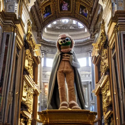 Prompt: a statue of a muppet in St Peter's Basilica, Vatican, soft sunlight dappling on it, ornate architecture, award-winning photo