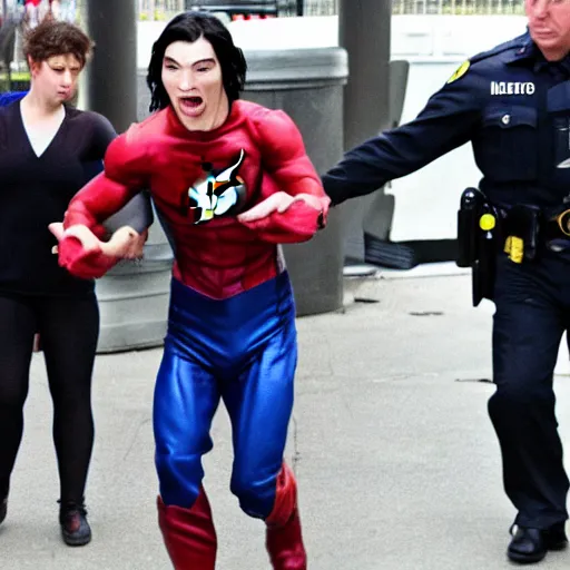 Image similar to ultra realistic photograph of angry Ezra Miller wearing flash costume being arrested by FBI outside Warner Bros Studio, 4K