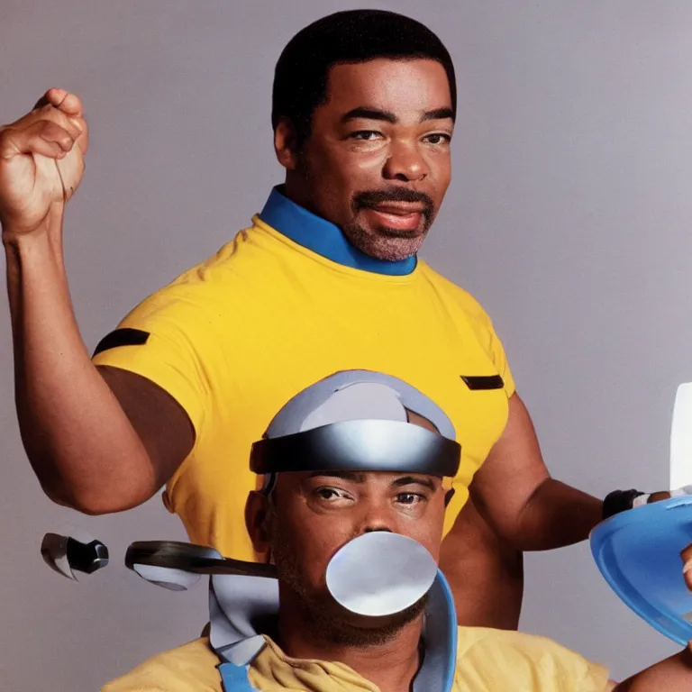 Image similar to geordi laforge wearing visor and a frisbee and random kitchen tools on his head