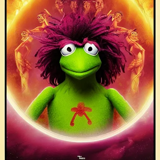 Prompt: movie poster for End of Evangelion Kermit the Frog as a glowing god, like blackpink lisa+smoky eyes+front face l, ultradetail face, art and illustration by tian zi and craig mullins and WLOP and alphonse mucha, fantasy, intricate complexity, human structure, human anatomy, fantasy character concept, watermark, blurry, hyperrealism 8k