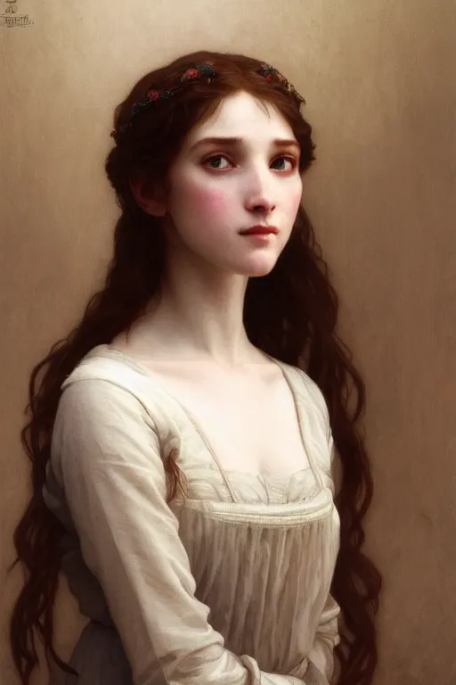 Image similar to Portrait of beautiful pale peasant girl, cinematic lighting, intricate, elegant, highly detailed, digital painting, artstation, smooth, sharp focus, illustration, art by artgerm and greg rutkowski and alphonse mucha and Wayne Barlowe and william-adolphe bouguereau