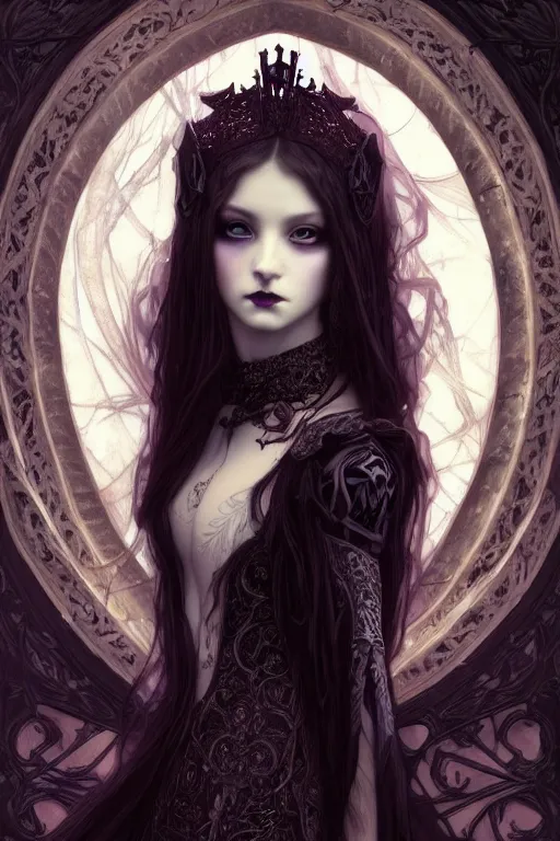 Prompt: beautiful and gothic and victorian and luxury and mythical young medieval dark princess portrait like blackpink lisa+smoky eyes+front face with light flowing hair, ultradetail face, art and illustration by tian zi and craig mullins and WLOP and alphonse mucha, fantasy, intricate complexity, human structure, human anatomy, fantasy character concept, watermark, blurry, hyperrealism 8k