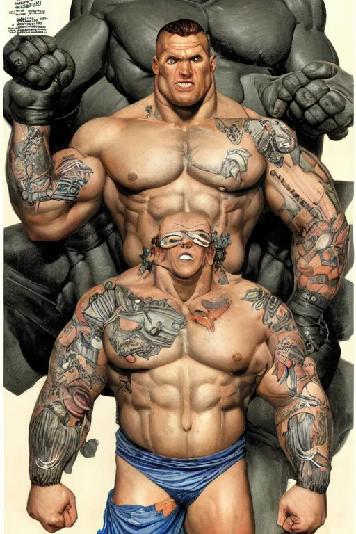 Image similar to upper body and head portrait of huge hulking absurdly muscular martyn ford as marvel character wearing shirt and pants against simple background by alex ross and jack kirby and sergey kolesov and jason fabok and lawrence alma tadema and norman rockwell and greg staples and rick berry and jeremy mann