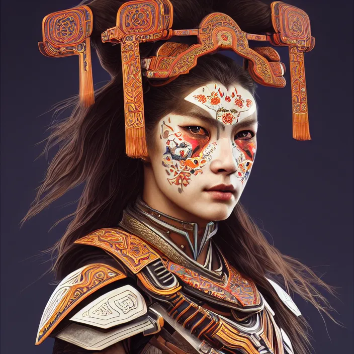 Image similar to symmetry! portrait of a caucasian female warrior, face decorated with chinese opera motifs, leds horizon zero dawn machine, intricate, elegant, highly detailed, digital painting, artstation, concept art, smooth, sharp focus, illustration, art by artgerm and greg rutkowski and alphonse mucha, 8 k