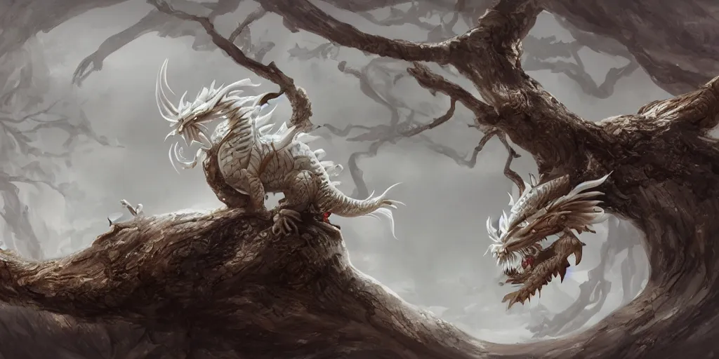 Image similar to single white chinese dragon lie on a old tree, wei guan, 4 k, matte paint, concept art, sharp detail, artstation