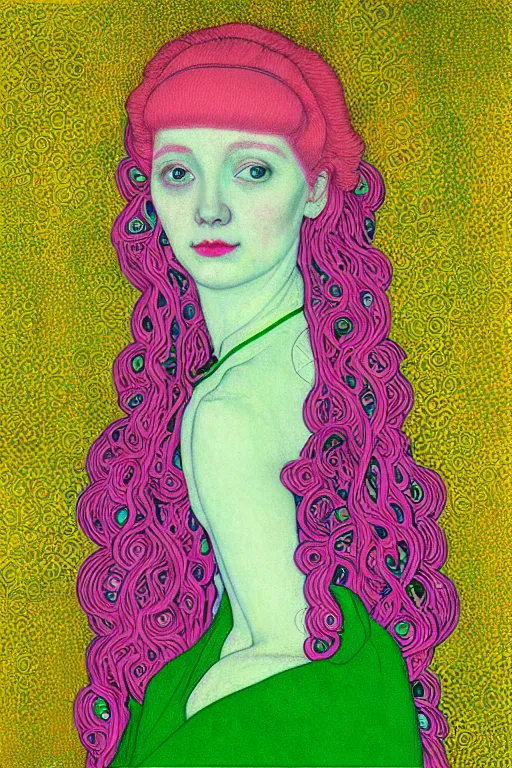 Prompt: “portrait of a young pale woman with pink hair, wearing a neon green dress, intricate details, super-flat, in the style of James Jean and Gustav Klimt”